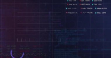 Animation of statistical and stock market data processing against blue background. Global economy and business data technology concept