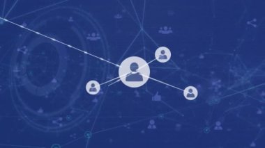 Mavi arkaplan ile yuvarlak tarayıcı üzerinden dijital simge ağının animasyonu. Küresel ağ ve iş teknolojisi kavramı