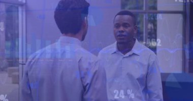 Animation of financial data processing over diverse business people. Global business, finances, computing and data processing concept digitally generated video.