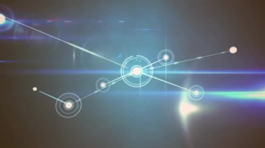 Animation of network of connections over light spots and light trails against grey background. Global networking and business technology concept