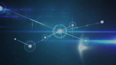 Animation of network of connections against light trails and light spots on blue background. Global networking and business technology concept