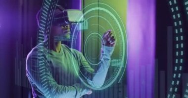 Animation of data processing over african american male worker with vr headset in server room. Global business, security and digital interface concept digitally generated video.