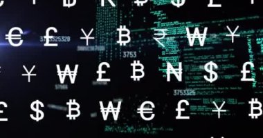 Animation of multiple currency symbols and changing numbers over data processing on black background. Global economy and business interface technology concept