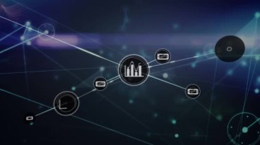 Animation of network of digital icons against light trails on blue background. Global networking and business technology concept