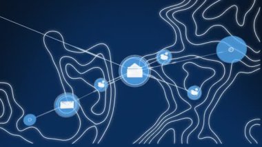 Animation of network of connections over changing isohypses on navy background. Network, connections and technology concept digitally generated video.
