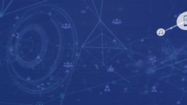 Mavi arkaplan ile yuvarlak tarayıcı üzerinden dijital simge ağının animasyonu. Küresel ağ ve iş teknolojisi kavramı