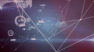 Animation of network of connections and data processing against light spot on blue background. Global networking and business technology concept