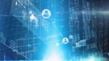 Animation of network of profile icons and data processing against light spot on blue background. Global networking and business interface technology concept