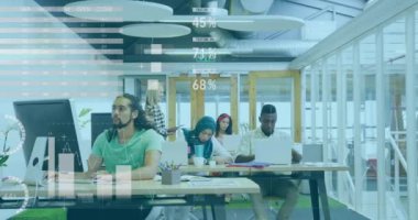 Animation of statistical data processing against team of diverse colleagues working at office. Business data technology concept