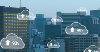 Animation of digital clouds with uploading floating over cityscape. Data, clouds computing, network and technology concept digitally generated video.