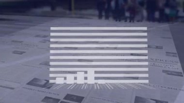 Gazetenin üzerindeki okla finansal veri işleme animasyonu. Küresel iş, finans, hesaplama ve veri işleme kavramı dijital olarak oluşturulmuş video.
