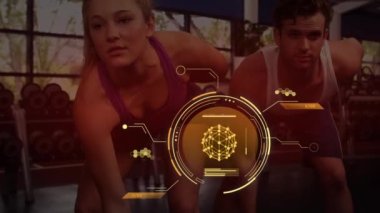 Animation of data processing over caucasian people exercising in gym. Global sports, science, computing, digital interface and data processing concept digitally generated video.