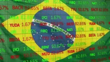 Animation of stock market data processing against waving brazil flag. Global economy and business technology concept