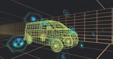 Animation of multiple digital icons over 3d van model moving in seamless pattern in a tunnel. Automobile engineering technology concept