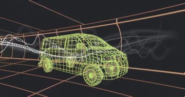 Animation of graphs over 3d van model moving seamless pattern in a tunnel on black background. Automobile engineer and business interface technology concept