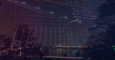 Animation of financial data processing over cityscape. Global business, finances, computing and data processing concept digitally generated video.
