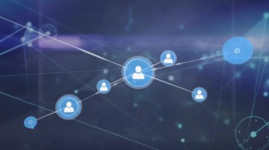 Animation of network of profile icons against light trails on blue background. Global networking and business technology concept