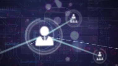 Animation of network of profile icons and molecular structures over cyber security data processing. Global networking and business technology concept