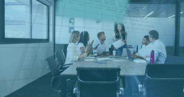 Animation of statistical data processing against team of diverse colleagues discussing at office. Business data technology concept