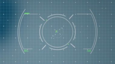 Animation of scope scanning and data processing over grid network against blue blurred background. Computer interface and business technology concept