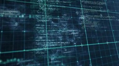 Animation of data processing over grid network against blue background. Computer interface and business technology concept