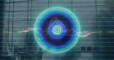 Animation of scope scanning and data processing over business people walking at airport. Global business, finances, computing and data processing concept digitally generated video.