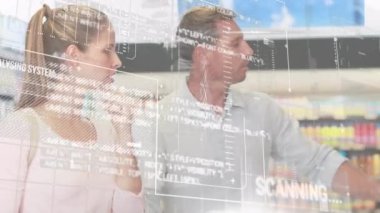 Animation of interface with data processing over caucasian couple shopping together at grocery store. Retail business and computer interface technology concept
