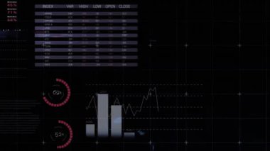 Animation of multiple changing numbers over statistical data processing against blue background. Business data technology concept