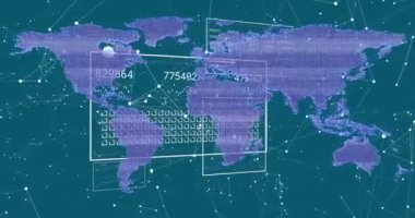 Animation of network of connections and interfaces with data processing against world map. Global networking and business interface technology concept
