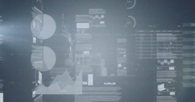 Animation of screens with statistical data processing against grey background. Computer interface and business technology concept