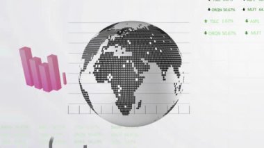 Animation of globe, financial data processing and statistics. Global business, finances, computing and data processing concept digitally generated video.