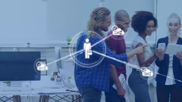 Animation Connected Icons Diverse Coworkers Sharing Ideas Technology Office Digital — Vídeo de stock