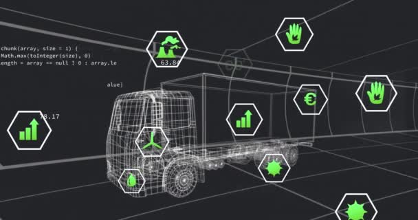 Animação Processamento Dados Com Ícones Ecológicos Caminhões Digitais Sobre Túnel — Vídeo de Stock