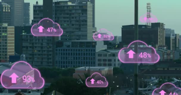Animation Digital Clouds Uploading Floating Cityscape Data Clouds Computing Network — Stok Video