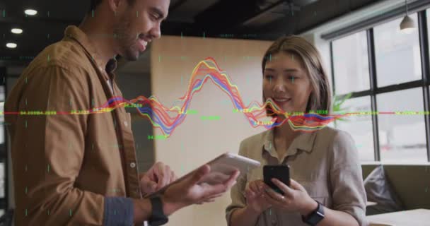 Animation Multiple Graphs Numbers Diverse Coworkers Talking While Using Cellphone — Stockvideo