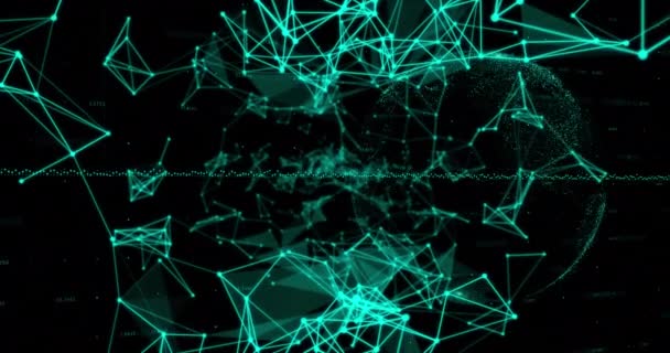 Animation Data Processing Glowing Green Plexus Networks Black Background Global — Wideo stockowe