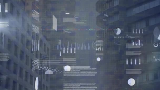 Animation Screens Data Processing Aerial View Tall Buildings Computer Interface — Stockvideo