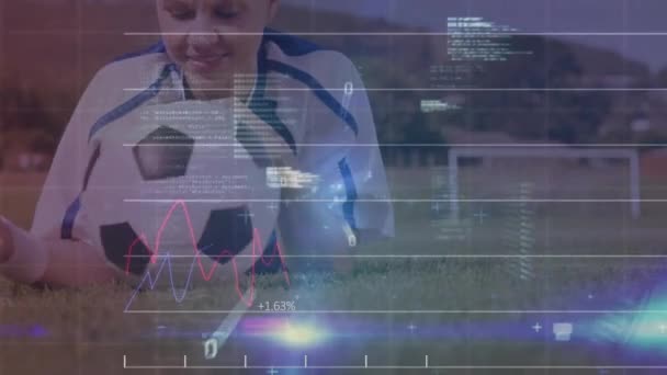 Animation Digital Screen Financial Data Caucasian Woman Soccer Ball Soccer — Wideo stockowe
