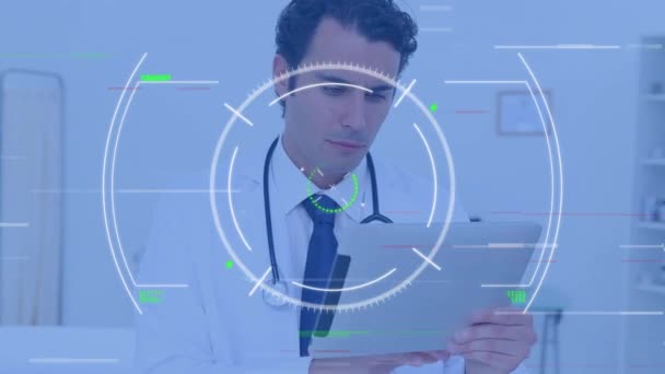 Animation Scope Data Processing Caucasian Male Doctor Using Tablet Global — Stok Video