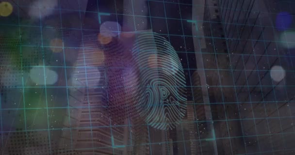 Animation Der Datenverarbeitung Mit Fingerabdruck Über Gitter Globales Geschäfts Finanz — Stockvideo