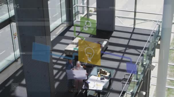 Animation Network Digital Icons Aerial View People Working Office Global — Stockvideo