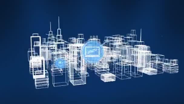 Koyu Mavi Arka Planda Meta Evren Şehir Manzarası Üzerindeki Bağlantı — Stok video