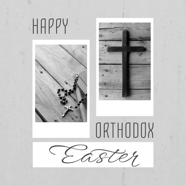Composition of orthodox easter text over cross and rosary. Orthodox easter and celebration concept digitally generated image.