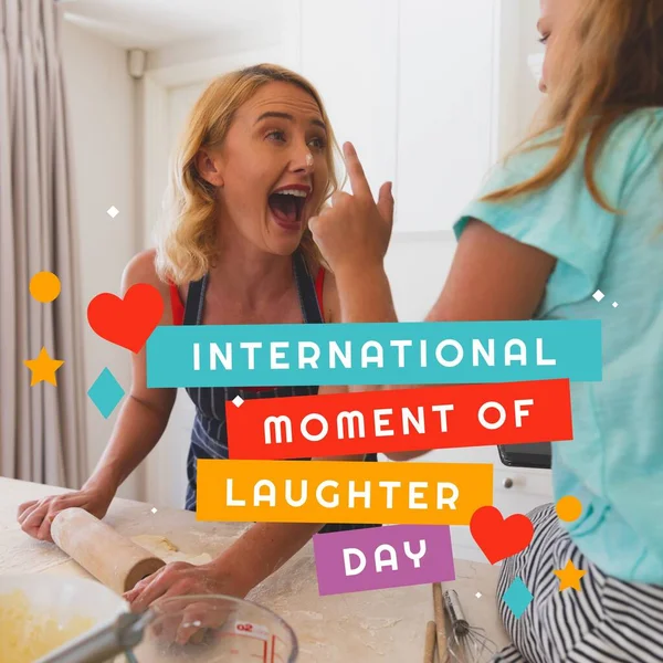 Composition of international moment of laughter day text over caucasian woman smiling. International moment of laughter day and celebration concept digitally generated image.