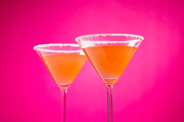 Glasses Cocktail Sugar Neon Pink Background Drinks Cocktails Alcohol Beverages — Stok fotoğraf