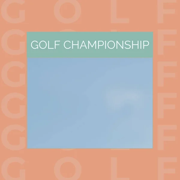 Square image of golf championship text over blue and green background with orange frame. Sport, golf, contest and rivalry concept.