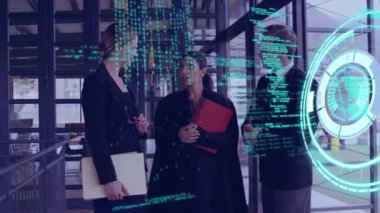 Animation of scope and data processing over diverse business people. Global business, finances, computing and data processing concept digitally generated video.