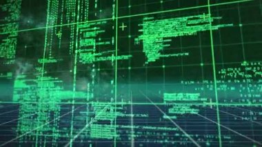 Ağ üzerinden yeşil arkaplan ile veri işleme animasyonu. Bilgisayar arayüzü ve iş teknolojisi kavramı