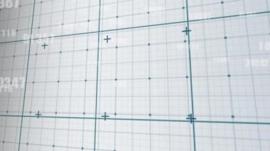 Animation of multiple changing numbers over grid network against grey background. Computer interface and business technology concept