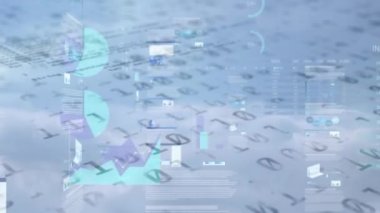 Animation of infographic interface over binary codes and computer language against foggy clouds. Digital composite, multiple exposure, report, business, coding, machine learning and technology.